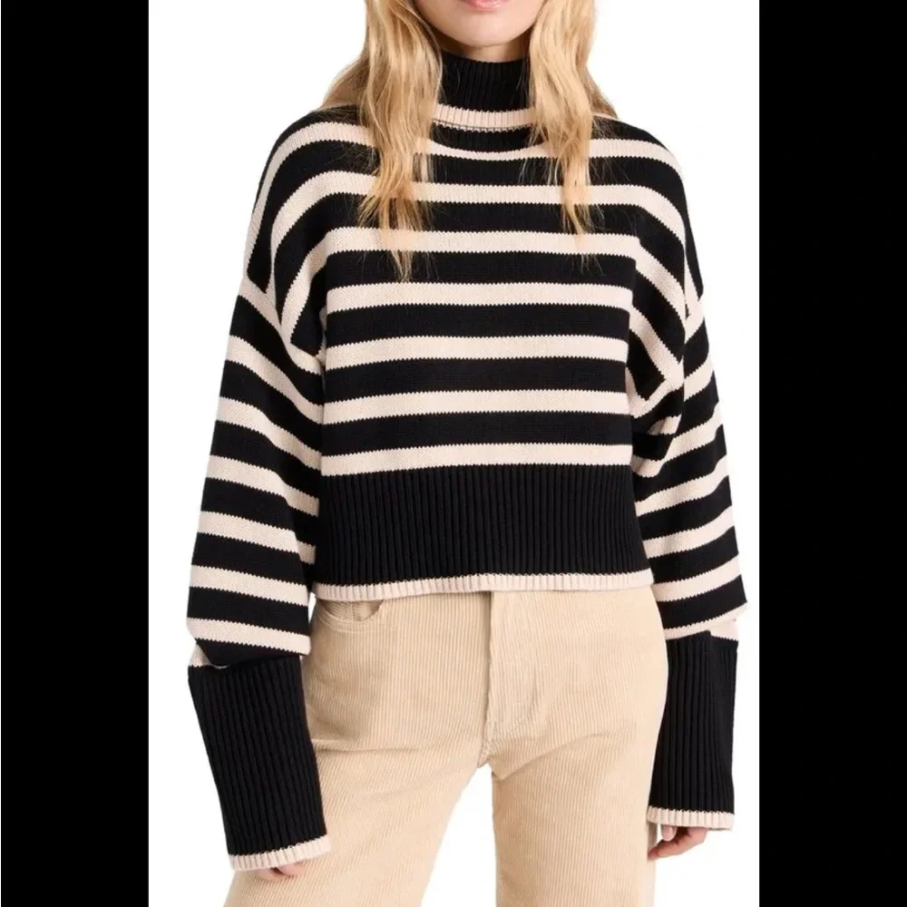 Denimist Cropped Sailor Stripe Turtleneck Sweater in Black/Tan - Picture 10 of 11